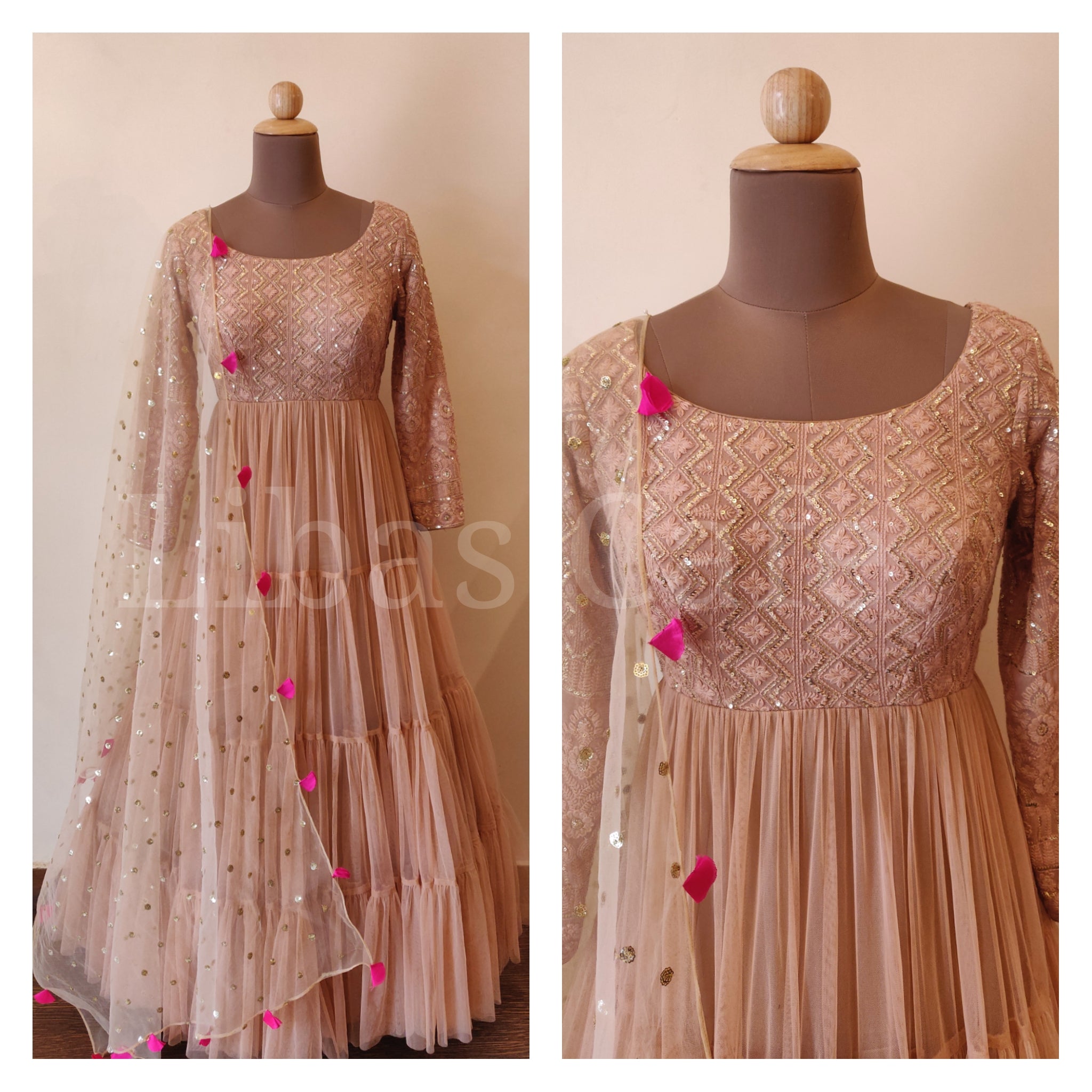 Nude Colored Zig-zag Gathered Anarkali